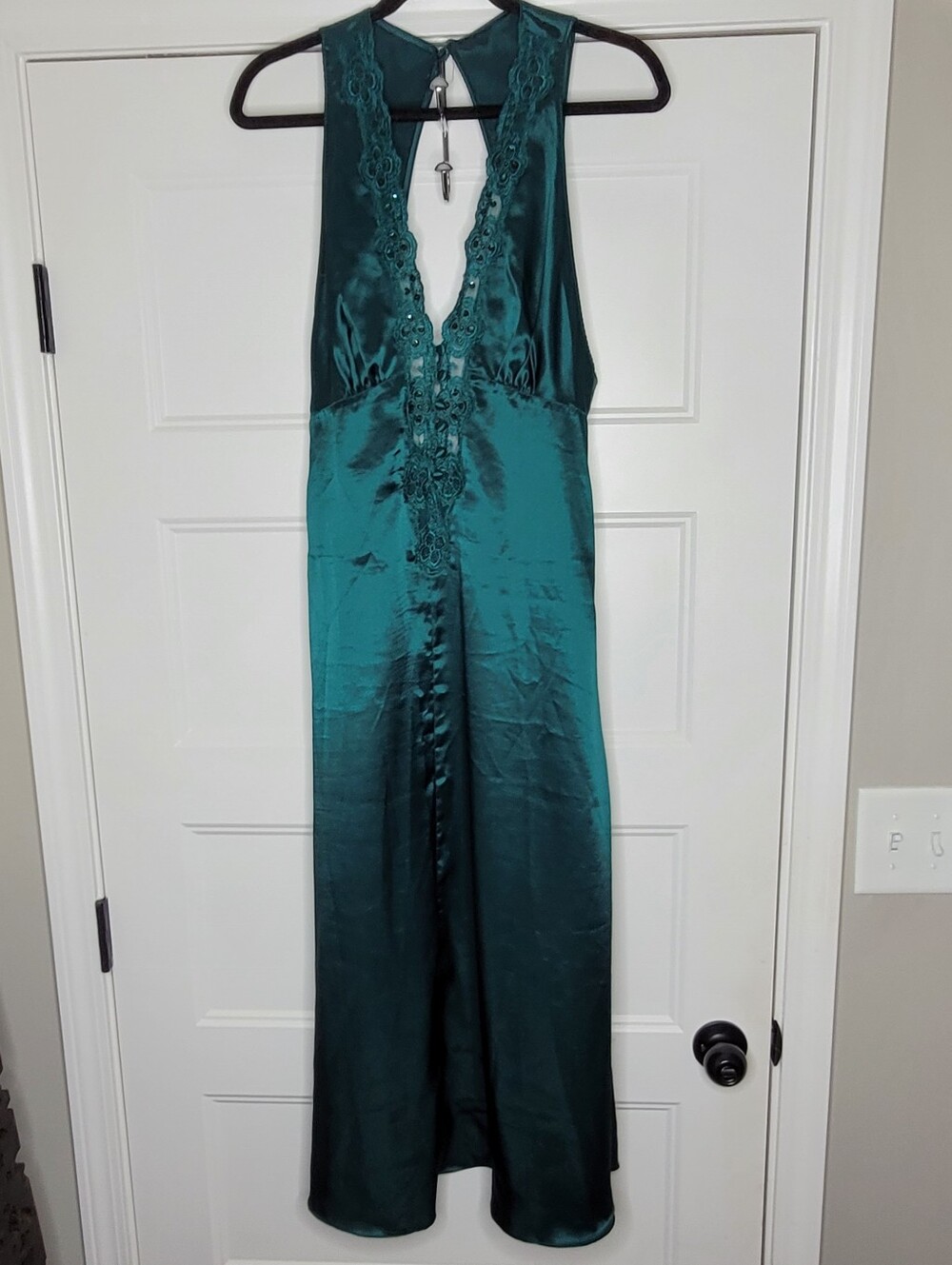 Vintage Victoria's Secret Gold Label green satin lace sequin slip dress Size S